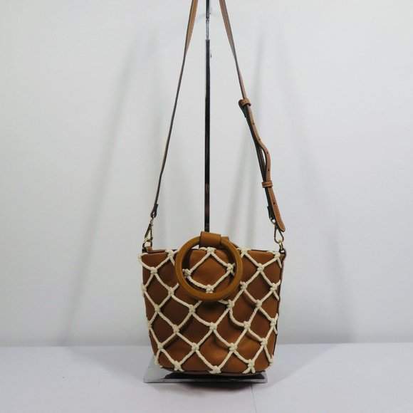 Mango Handbags - Mango Bucket Bag Crochet Net Cover Wood Handles Drawstring Closure